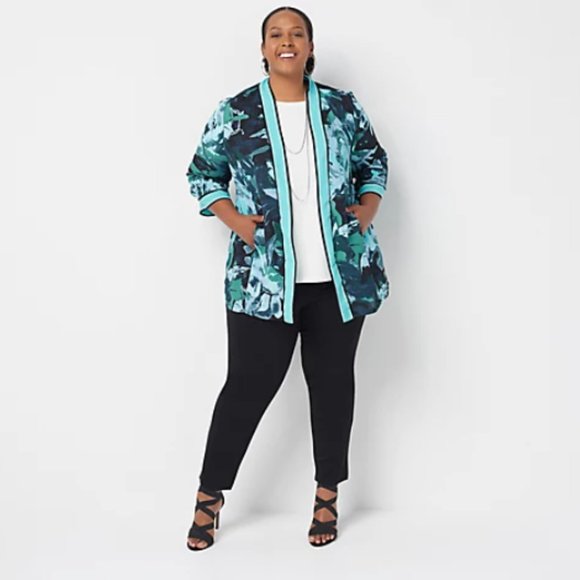 Bob Mackie Watercolor Rose Printed Woven Cardigan - Picture 2 of 4